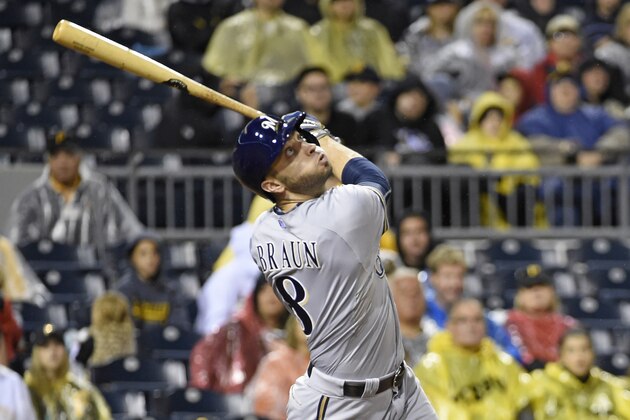 Milwaukee Brewers' Ryan Braun bats during a baseball game against the Pittsburgh Pirates, Saturday, Sept. 12, 2015, in Pittsburgh.  (AP Photo/Fred Vuich)