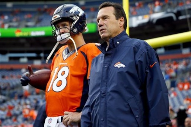FILE - In this Sept. 3, 2015, file photo, Denver Broncos quarterback Peyton Manning (18) talks with head coach Gary Kubiak prior to an NFL preseason football game against the Arizona Cardinals in Denver. The Ravens enjoyed having Gary Kubiak on their side for one very productive season. There will be an awkward reunion Sunday when Baltimore opens the season against Kubiak's Denver Broncos. (AP Photo/Jack Dempsey, File)