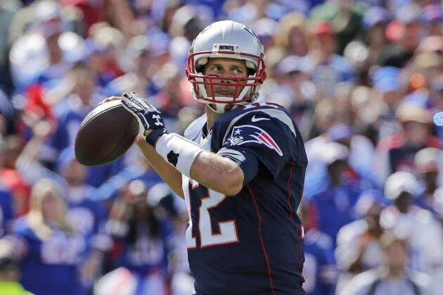 New England Patriots quarterback Tom Brady throws a pass during the first half of an NFL football game against the Buffalo Bills Sunday, Sept. 20, 2015, in Orchard Park, N.Y. (AP Photo/Bill Wippert)
