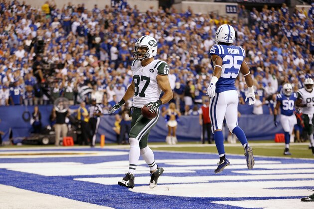 New York Jets wide receiver Eric Decker (87) celebrates a touchdown reception in the first half of an NFL football game against the Indianapolis Colts in Indianapolis, Monday, Sept. 21, 2015.  (AP Photo/AJ Mast)