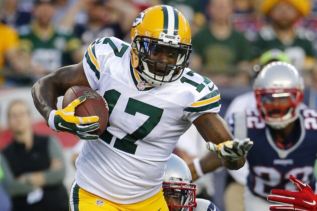 Green Bay Packers wide receiver Davante Adams runs against the New England Patriots during a NFL preseason football game at Gillette Stadium in Foxborough, Mass. Friday, Aug. 13, 2015. Green Bay beat New England 22-11. (Winslow Townson/AP Images for Panini)