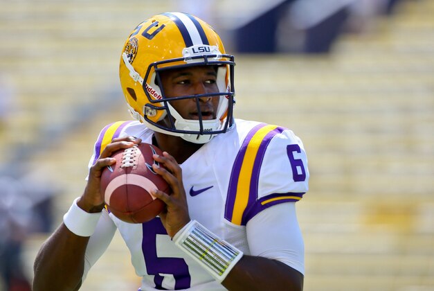 Sep 19, 2015; Baton Rouge, LA, USA; LSU Tigers quarterback Brandon Harris (6) warms up before a game against the Auburn Tigers at Tiger Stadium. Mandatory Credit: Derick E. Hingle-USA TODAY Sports