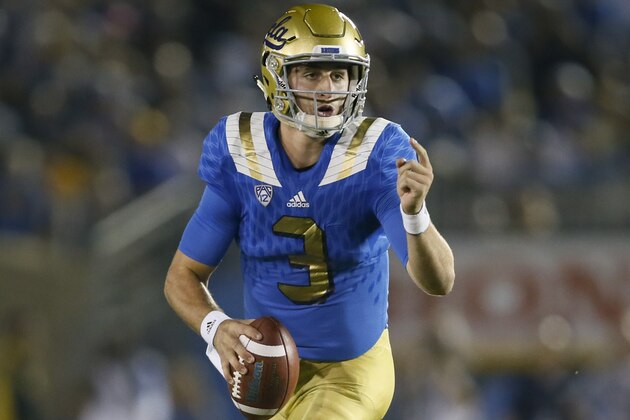 UCLA quarterback Josh Rosen scrambles and runs with the ball as he looks to pass against BYU during an NCAA college football game, Saturday, Sept. 19, 2015, in Pasadena, Calif. UCLA won 24-23. (AP Photo/Danny Moloshok)
