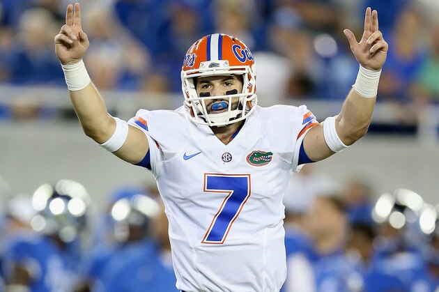 LEXINGTON, KY - SEPTEMBER 19:  Will Grier #7 of the Florida Gators celebrates a touchdown against the Kentucky Wildcats at Commonwealth Stadium on September 19, 2015 in Lexington, Kentucky.  (Photo by Andy Lyons/Getty Images)