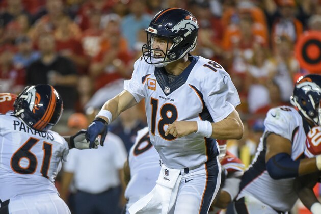 Denver Broncos quarterback Peyton Manning (18) follows his throw to wide receiver Emmanuel Sanders in the third quarter of an NFL football game against the Kansas City Chiefs in Kansas City, Mo., Thursday, Sept. 17, 2015. Manning reached a milestone of 70,000 career passing yards with the throw. (AP Photo/Ed Zurga)
