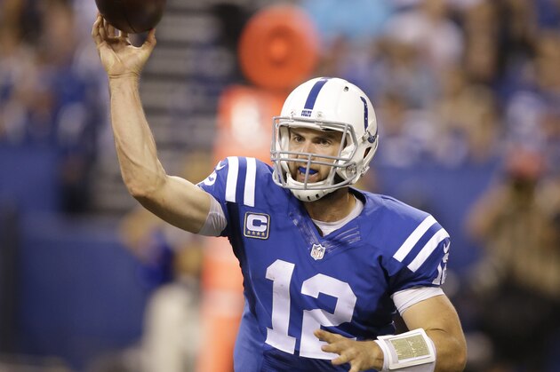 Indianapolis Colts quarterback Andrew Luck (12) throws a pass in the second half of an NFL football game against the New York Jets in Indianapolis, Monday, Sept. 21, 2015.  (AP Photo/Darron Cummings)