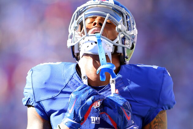 New York Giants wide receiver Odell Beckham Jr. #13 reacts during an NFL game against the Atlanta Falcons at MetLife Stadium in East Rutherford, N.J. on Sunday, Sept. 20, 2015. (AP Photo/Brad Penner)