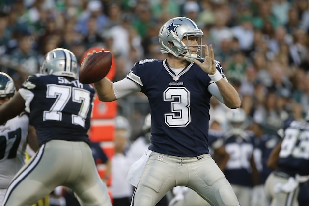 Dallas Cowboys' Brandon Weeden in action during the second half of an NFL football game against the Philadelphia Eagles, Sunday, Sept. 20, 2015, in Philadelphia. (AP Photo/Michael Perez)
