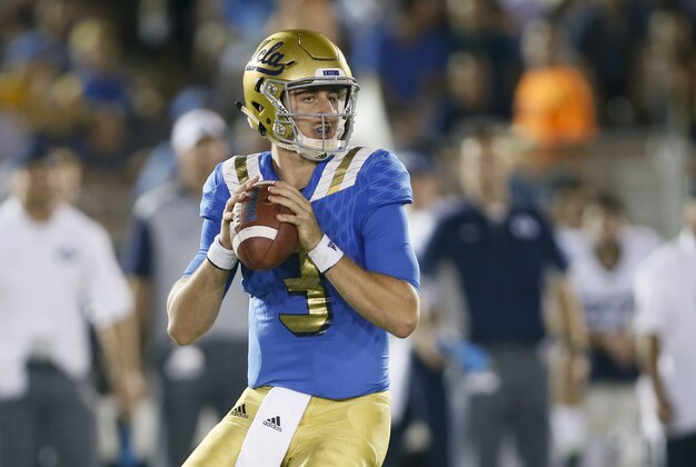 UCLA quarterback Josh Rosen looks to pass against BYU during an NCAA college football game, Saturday, Sept. 19, 2015, in Pasadena, Calif. UCLA won 24-23. (AP Photo/Danny Moloshok)