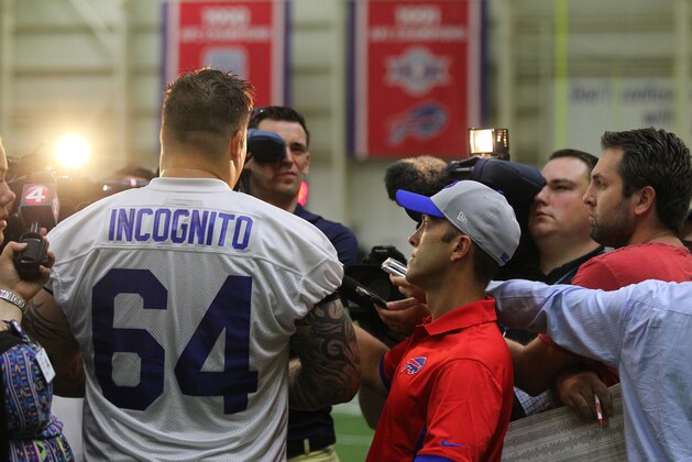 Buffalo Bills guard Richie Incognito speaks to the media during NFL football minicamp in Orchard Park, N.Y., Wednesday, June 17, 2015. (AP Photo/Bill Wippert)