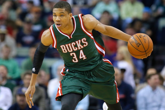 Milwaukee Bucks forward Giannis Antetokounmpo (34) drives with the ball during the first half of an NBA basketball game against the New Orleans Pelicans, Tuesday, March. 17, 2015, in New Orleans. (AP Photo/Jonathan Bachman)