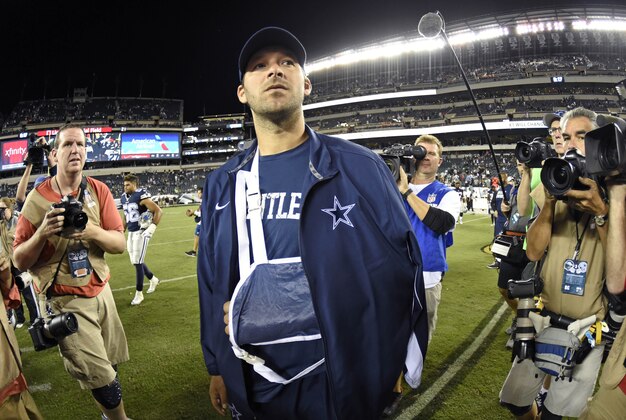 Sep 20, 2015; Philadelphia, PA, USA; Dallas Cowboys quarterback Tony Romo (9) on the field after game against the Philadelphia Eagles during the second half at Lincoln Financial Field. Romo left the game with an injury. The Cowboys defeated the Eagles, 20-10. Mandatory Credit: Eric Hartline-USA TODAY Sports
