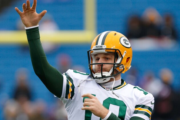 Dec 14, 2014; Orchard Park, NY, USA; Green Bay Packers quarterback Matt Flynn (10) before the game against the Buffalo Bills at Ralph Wilson Stadium. Mandatory Credit: Kevin Hoffman-USA TODAY Sports