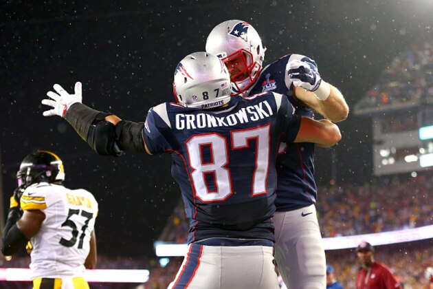 FOXBORO, MA - SEPTEMBER 10:  Rob Gronkowski #87 of the New England Patriots celebrates his third touchdown of the game with  Scott Chandler #88 against the Pittsburgh Steelers at Gillette Stadium on September 10, 2015 in Foxboro, Massachusetts.  (Photo by Maddie Meyer/Getty Images)