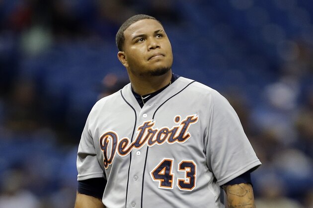 Detroit Tigers relief pitcher Bruce Rondon reacts after giving up a two-run home run to Tampa Bay Rays' Curt Casali during the eighth inning of a baseball game Monday, July 27, 2015, in St. Petersburg, Fla.  Rays' Steven Souza Jr. also scored. (AP Photo/Chris O'Meara)