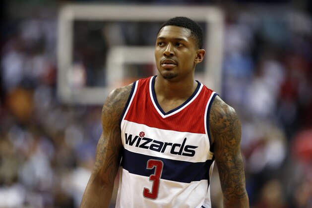 Washington Wizards guard Bradley Beal (3) walks on the court during a break in the second half of Game 4 of the second round of the NBA basketball playoffs against the Atlanta Hawks, Monday, May 11, 2015, in Washington. The Hawks won 106-101. (AP Photo/Alex Brandon)