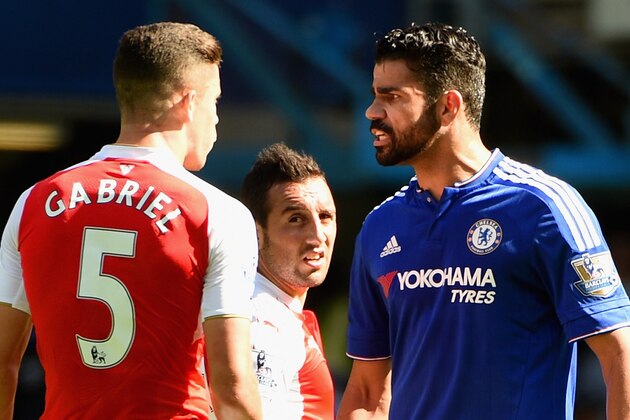 LONDON, ENGLAND - SEPTEMBER 19:  Gabriel of Arsenal and Diego Costa of Chelsea argue during the Barclays Premier League match between Chelsea and Arsenal at Stamford Bridge on September 19, 2015 in London, United Kingdom.  (Photo by Ross Kinnaird/Getty Images)