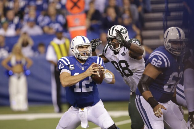 New York Jets outside linebacker Quinton Coples (98) sacks Indianapolis Colts quarterback Andrew Luck (12) in the second half of an NFL football game in Indianapolis, Monday, Sept. 21, 2015.  (AP Photo/AJ Mast)