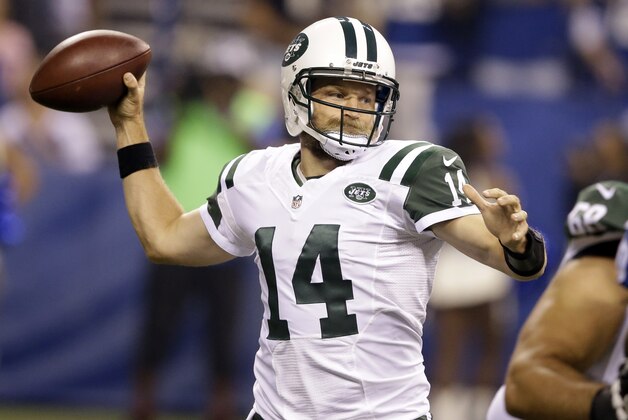 New York Jets quarterback Ryan Fitzpatrick (14) throws against the Indianapolis Colts in the first half of an NFL football game in Indianapolis, Monday, Sept. 21, 2015. (AP Photo/Darron Cummings)