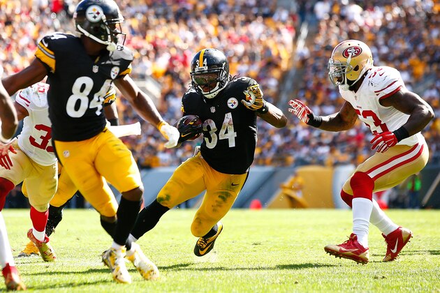 PITTSBURGH, PA - SEPTEMBER 20: DeAngelo Williams #34 of the Pittsburgh Steelers carries the ball in the fourth quarter past NaVorro Bowman #53 of the San Francisco 49ers during the game at Heinz Field on September 20, 2015 in Pittsburgh, Pennsylvania.  (Photo by Jared Wickerham/Getty Images)