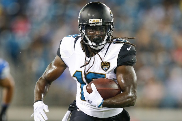 Jacksonville Jaguars running back Denard Robinson (16) runs with the ball during an NFL game against the Detroit Lions at EverBank Field in Jacksonville, Fla. on Friday, Aug. 28, 2015. (Chris Keane/AP Images for Panini)