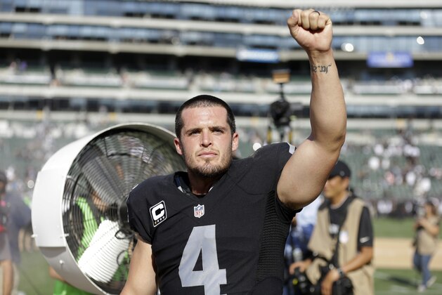 FILE - IN this Sept. 20, 2015 file photo, Oakland Raiders quarterback Derek Carr celebrates after a 37-33 win over the Baltimore Ravens during an NFL football game in Oakland, Calif. Carr threw a 12-yard touchdown pass to Seth Roberts with 26 seconds left to cap the most productive day of his young career. (AP Photo/Ben Margot)