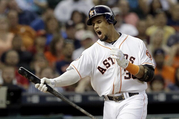 Houston Astros' Carlos Gomez yells after striking out against the Minnesota Twins in the sixth inning of a baseball game Saturday, Sept. 5, 2015, in Houston. (AP Photo/Pat Sullivan)