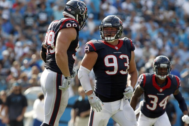 Houston Texans' J.J. Watt (99) and Jared Crick (93) celebrate a play against the Carolina Panthers during the second half of an NFL football game in Charlotte, N.C., Sunday, Sept. 20, 2015. The Panthers won 24-17. (AP Photo/Bob Leverone)