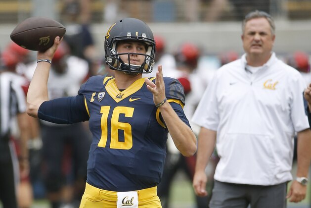 California head coach Sonny Dykes, right, watches quarterback Jared Goff (16) warm up prior to an NCAA football game against San Diego State Saturday, Sept. 12, 2015, in Berkeley, Calif.  (AP Photo/Tony Avelar)