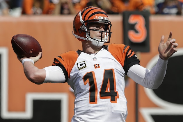 Cincinnati Bengals quarterback Andy Dalton throws in the second half of an NFL football game against the San Diego Chargers, Sunday, Sept. 20, 2015, in Cincinnati. (AP Photo/Darron Cummings)