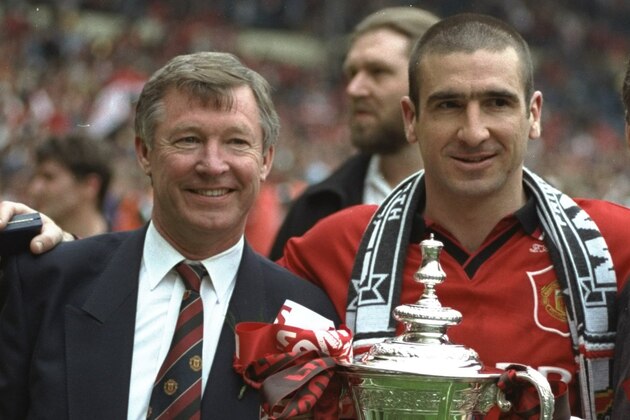 12 May 1996:  Alex Ferguson (left) Manager of Manchester United, Eric Cantona (centre) and Brian Kidd (right) both of Manchester United hold the trophy after winning the F A Cup Final match against Liverpool at Wembley Stadium in London. Manchester United won 1-0. \ Mandatory Credit: Shaun  Botterill/Allsport