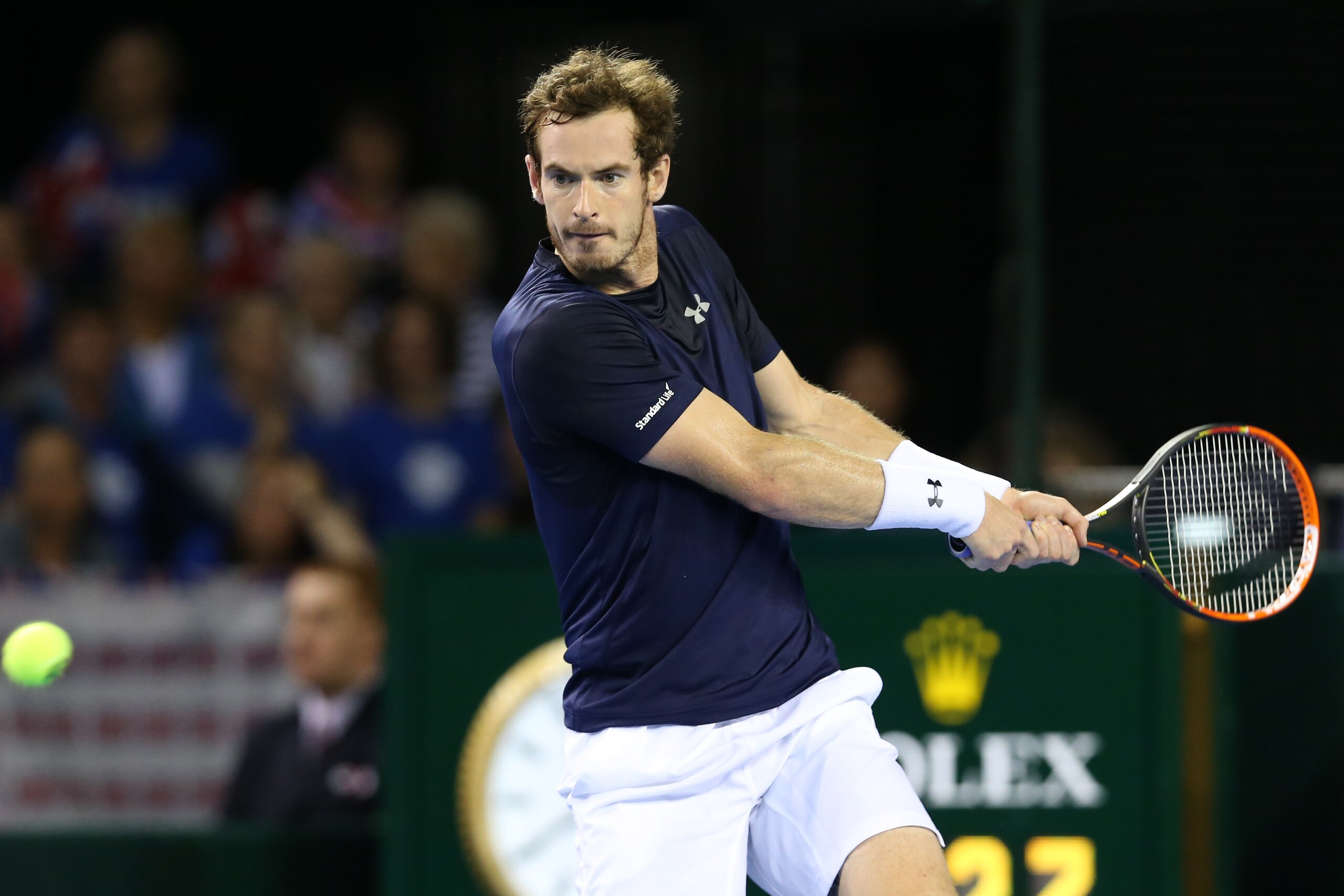 GLASGOW, SCOTLAND - SEPTEMBER 20 :  Andy Murray of Great Britain in action during his singles match against Bernard Tomic of Australia on the third day of the Davis Cup Semi Final 2015 between Great Britain and Australia at the Emirates Arena on September 20, 2015 in Glasgow Scotland. (Photo by Mark Runnacles/Getty Images)