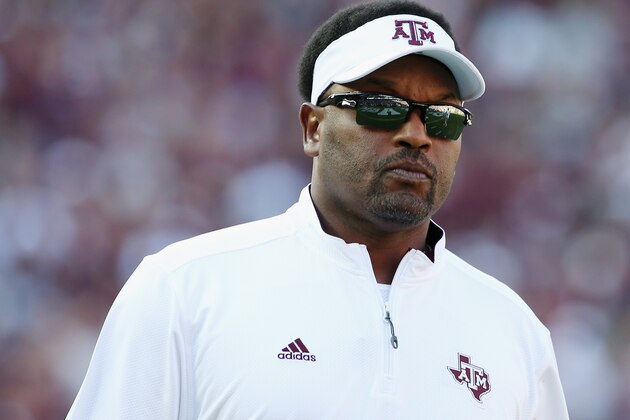 COLLEGE STATION, TX - SEPTEMBER 12:  Head coach Kevin Sumlin of the Texas A&M Aggies walks across the field before the start of their game against the Ball State Cardinals at Kyle Field on September 12, 2015 in College Station, Texas.  (Photo by Scott Halleran/Getty Images)