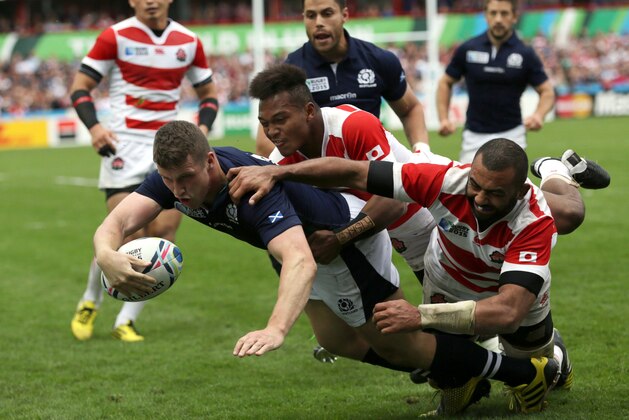 Scotland's Mark Bennett scores a try during the Rugby World Cup Pool B match between Scotland and Japan at Kingsholm, Gloucester, England, Wednesday, Sept. 23, 2015. (AP Photo/Clint Hughes) Scotland's Mark Bennett scores a try during the Rugby World Cup Pool B match between Scotland and Japan at Kingsholm, Gloucester, England, Wednesday, Sept. 23, 2015. (AP Photo/Clint Hughes)