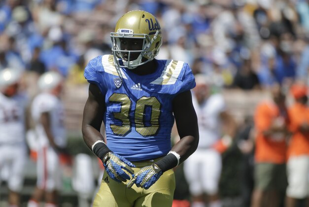 UCLA linebacker Myles Jack stands on the field during the first half of an NCAA college football game against Virginia at Rose Bowl, Saturday, Sept. 5, 2015, in Pasadena, Calif. (AP Photo/Jae C. Hong)