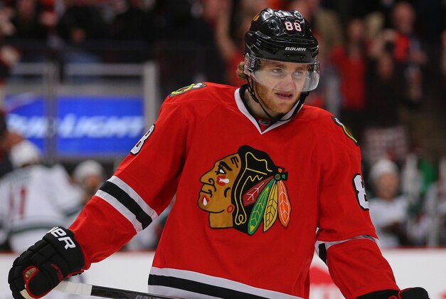 May 3, 2015; Chicago, IL, USA; Chicago Blackhawks right wing Patrick Kane (88) after scoring a goal during the second period in game two of the second round of the 2015 Stanley Cup Playoffs against the Minnesota Wild at the United Center. Mandatory Credit: Dennis Wierzbicki-USA TODAY Sports