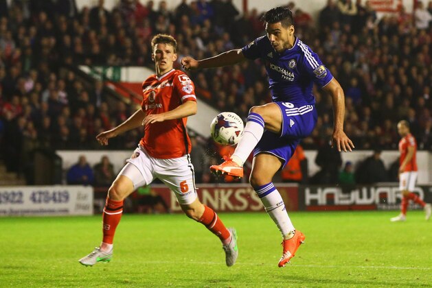 WALSALL, ENGLAND - SEPTEMBER 23:  Radamel Falcao Garcia of Chelsea is watched by Paul Downing of Walsall during the Capital One Cup third round match between Walsall and Chelsea at Banks's Stadium on September 23, 2015 in Walsall, England.  (Photo by Matthew Lewis/Getty Images)
