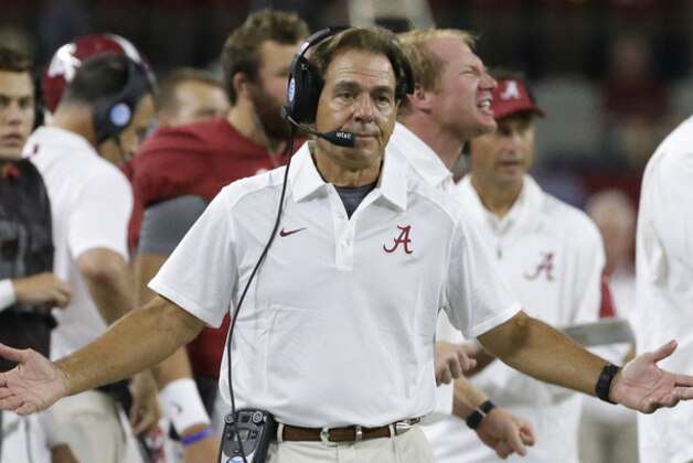 Alabama head coach Nick Saban gestures on the sidelines during the second half of an NCAA college football game Saturday, Sept. 5, 2015, in Arlington, Texas. (AP Photo/LM Otero)
