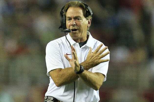 Sep 19, 2015; Tuscaloosa, AL, USA; Alabama Crimson Tide head coach Nick Saban reacts during the game against the Mississippi Rebels at Bryant-Denny Stadium. Mandatory Credit: Marvin Gentry-USA TODAY Sports