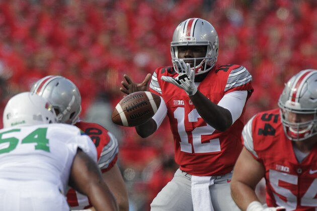 Ohio State quarterback Cardale Jones plays against Hawaii during an NCAA college football game Saturday, Sept. 12, 2015, in Columbus, Ohio. (AP Photo/Jay LaPrete)