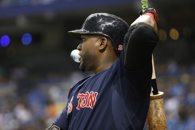 ST. PETERSBURG, FL - SEPTEMBER 11:  David Ortiz #34 of the Boston Red Sox warms up as he waits on deck to bat during the first inning of a game against the Tampa Bay Rays on September 11, 2015 at Tropicana Field in St. Petersburg, Florida.  (Photo by Brian Blanco/Getty Images)