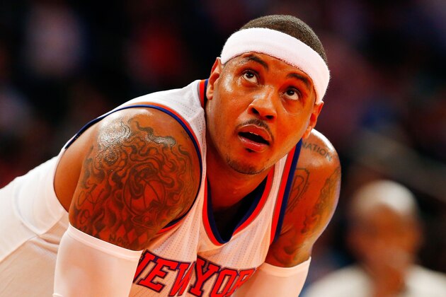 NEW YORK, NY - OCTOBER 29: (NEW YORK DAILIES OUT) Carmelo Anthony #7 of the New York Knicks looks on against the Chicago Bulls at Madison Square Garden on October 29, 2014 in New York City. The Bulls defeated the Knicks 104-80. NOTE TO USER: User expressly acknowledges and agrees that, by downloading and/or using this Photograph, user is consenting to the terms and conditions of the Getty Images License Agreement. (Photo by Jim McIsaac/Getty Images) NEW YORK, NY - OCTOBER 29: (NEW YORK DAILIES OUT) Carmelo Anthony #7 of the New York Knicks looks on against the Chicago Bulls at Madison Square Garden on October 29, 2014 in New York City. The Bulls defeated the Knicks 104-80. NOTE TO USER: User expressly acknowledges and agrees that, by downloading and/or using this Photograph, user is consenting to the terms and conditions of the Getty Images License Agreement. (Photo by Jim McIsaac/Getty Images)