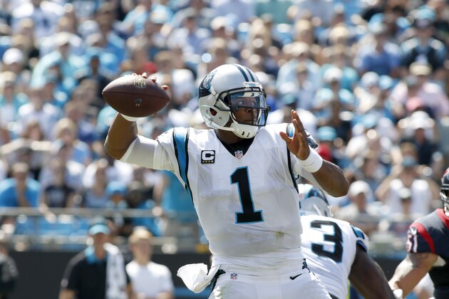 Carolina Panthers' Cam Newton (1) looks to pass against the Houston Texans during the first half of an NFL football game in Charlotte, N.C., Sunday, Sept. 20, 2015. The Panthers won 24-17. (AP Photo/Bob Leverone)