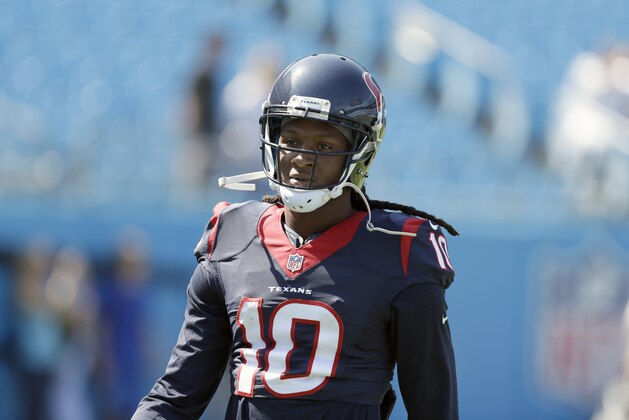 Houston Texans' DeAndre Hopkins (10) before an NFL football game against the Carolina Panthers in Charlotte, N.C., Sunday, Sept. 20, 2015. The Panthers won 24-17. (AP Photo/Bob Leverone)