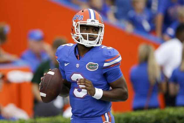 Florida quarterback Treon Harris warming up before an NCAA college football game against New Mexico State, Saturday, Sept. 5, 2015, in Gainesville, Fla. (AP Photo/John Raoux)