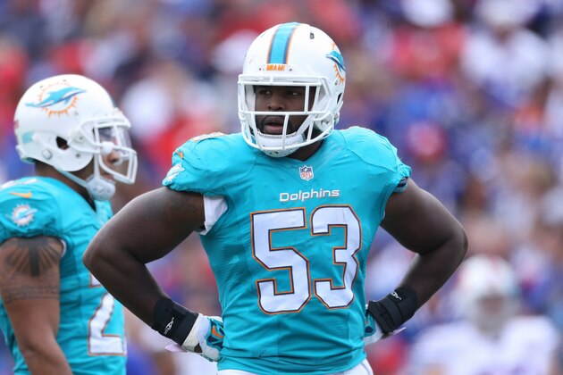 ORCHARD PARK, NY - SEPTEMBER 14: Jelani Jenkins #53 of the Miami Dolphins during NFL game action against the Buffalo Bills at Ralph Wilson Stadium on September 14, 2014 in Orchard Park, New York. (Photo by Tom Szczerbowski/Getty Images)