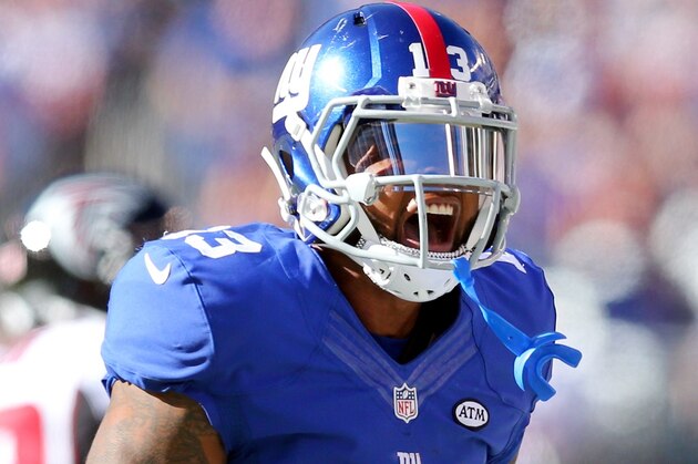 New York Giants wide receiver Odell Beckham Jr. #13 reacts during an NFL game against the Atlanta Falcons at MetLife Stadium in East Rutherford, N.J. on Sunday, Sept. 20, 2015. (AP Photo/Brad Penner)