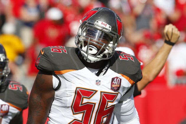 Tampa Bay Buccaneers defensive end Jacquies Smith (56) reacts after making a stop against the Tennessee Titans during an NFL football game Sunday, Sept. 13, 2015, in Tampa, Fla. The Titans defeated the Bucs 42-14. (Jeff Haynes/AP Images for Panini)