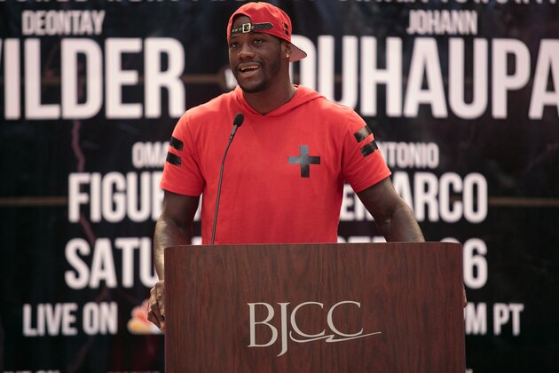 BIRMINGHAM, AL - AUGUST 20:  WBC World Heavyweight Champion Deontay Wilder speaks at the Johann Duhaupas fight announcement press conference at the Legacy Arena at the BJCC on August 20, 2015 in Birmingham, Alabama.  (Photo by David A. Smith/Getty Images)