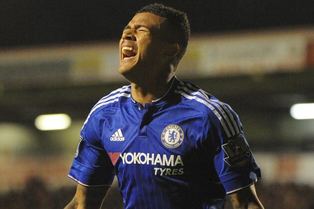 Chelsea's Kenedy celebrates after scoring against Walsall during the English League Cup Third Round soccer match between Walsall FC and Chelsea at Bescot Stadium, Walsall, England, Wednesday, Sept. 23, 2015. (AP Photo/Rui Vieira)